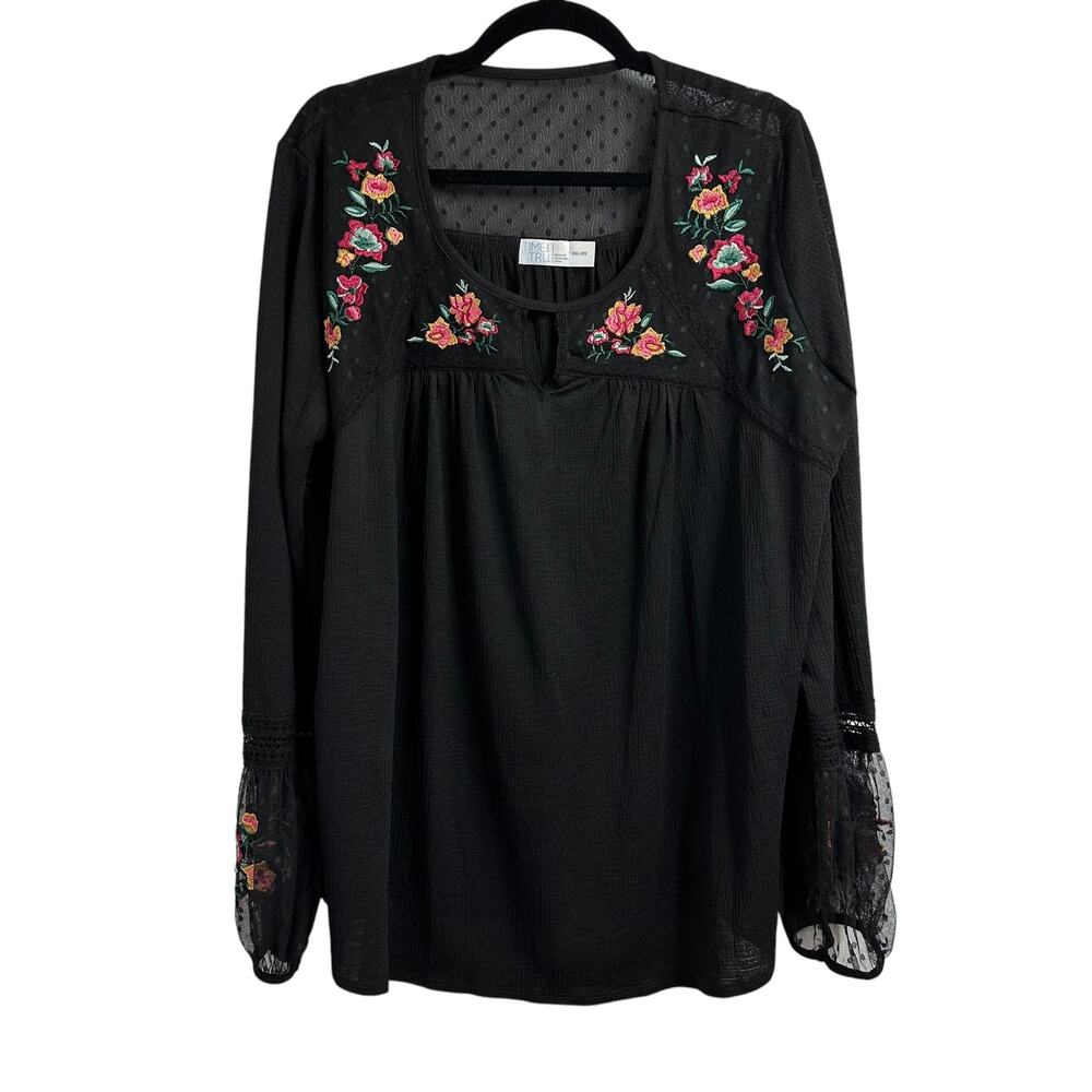 Time and Tru Women XXL Black Floral Embroidered Boho Mesh Sleeve Blouse Top